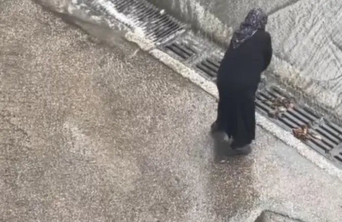 Vali bastonuyla mazgaldaki yaprakları temizleyen teyzeyi ziyaret etti