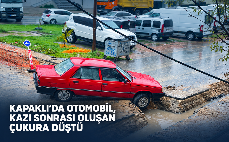 Kapaklı’da otomobil, kazı sonrası oluşan çukura düştü
